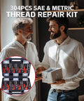 Two smiling men exchanging gifts with inset showing All In One Thread Repair Kit For Auto And Plumbing Projects with 304 pieces case.