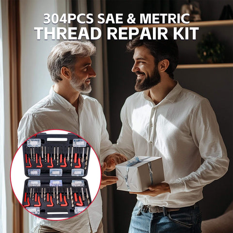 Two smiling men exchanging gifts with inset showing All In One Thread Repair Kit For Auto And Plumbing Projects with 304 pieces case.