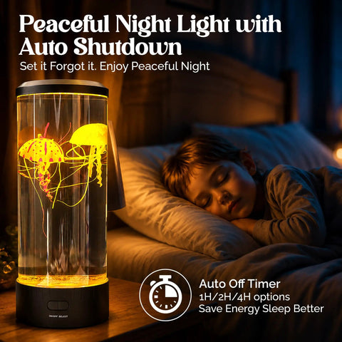 Lifelike Jellyfish Lamp With Sixteen Color Options And Four Modes Auto Shutoff Remote Controlled LED Night Light on bedside table