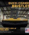 60 Inch Forklift Broom Attachment Heavy Duty Industrial Sweeper With 6 Row Polypropylene Bristles in warehouse setting.