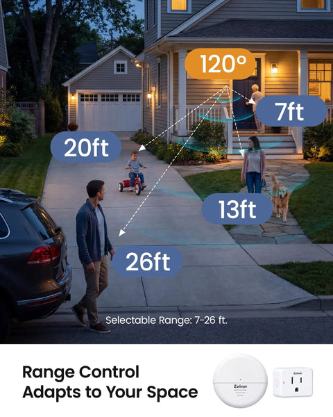 Wireless Motion Sensor Outlet With Detachable Sensor And Plug, 15A 1500W in driveway, demonstrating range control up to 26 ft.