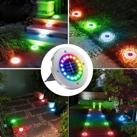 16 Pack Solar Ground Lights Outdoor With 16 LEDs Multi Color Waterproof Landscape Lights shown in various garden settings