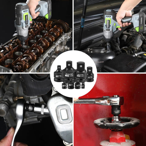 Eight Piece Impact Socket Adapter Set For Quarter To One Inch Drives With Storage Case And Reducers CRMO Steel in use