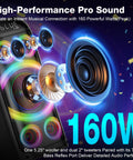 160W Peak Bluetooth Party Speaker With Deep Bass And Subwoofer showing internal components and dynamic LED lights