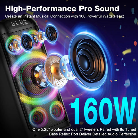 160W Peak Bluetooth Party Speaker With Deep Bass And Subwoofer showing internal components and dynamic LED lights