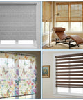 Four different roller shades in varied colors and patterns displayed in living room settings.