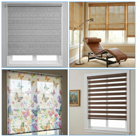 Four different roller shades in varied colors and patterns displayed in living room settings.