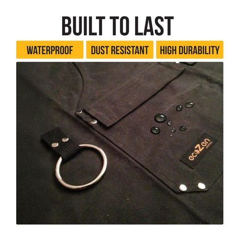 Waxed Canvas Welding Apron With Kevlar Thread - Built Tough For Heat And Chemical Resistance, black apron detail with water beads