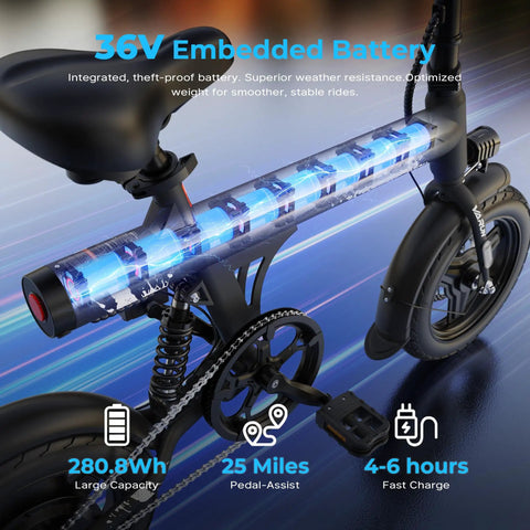 Electric Bike For Adults And Teens With A 500W Peak Motor, Lightweight Foldable Ebike, 20 MPH Top Speed, 25 Mile Range With Pedal Assist, Embedded Battery, Easy Fold Design, Ready For Commuting And Weekend Rides. 36V battery integrated in frame