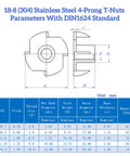 Diagram of 18-8 304 stainless steel four-prong T-nuts with DIN1624 standard sizing chart