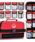 Red Falcon Rescue 418-Piece first aid kit in a zippered carry case with front buckle and multiple clear-pocket pouches