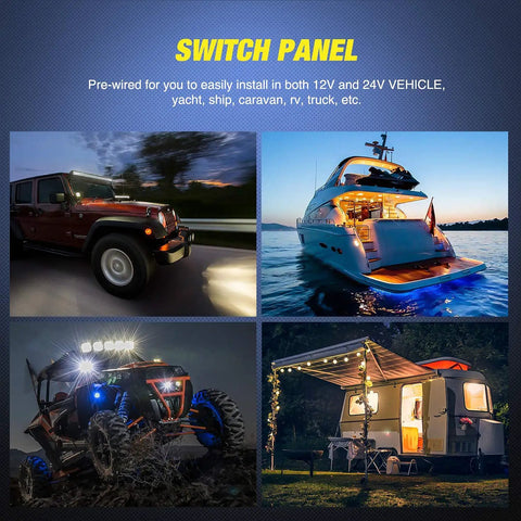 Two Gang Rocker Panel With Dual Green LED Illumination, 12 24V DC Pre Wired Harness for cars, ATVs, UTVs, boats and RVs.
