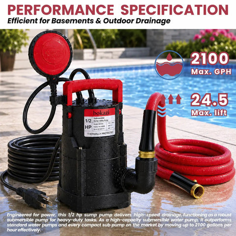 Tough As Nails Automatic Submersible Sump Pump With Float Switch dumps basements fast, features a 10 ft hose for heavy-duty use.