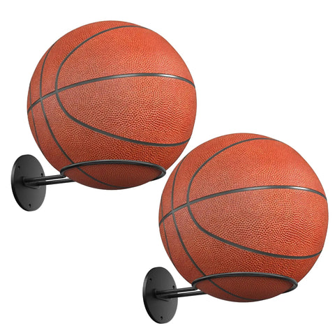 Two Pack Wall Mount Basketball Racks Black Space Saving Ball Holder For Home Gym Or Bedroom Decor Keeps Basketballs Footballs Rugby Balls And Volleyballs Organized Like A Pro In Small Spaces shown with basketballs.