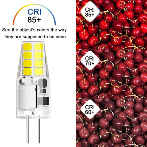 G4 LED Bulb 3W JC Bi-Pin, 12V ACDC Daylight White 6000K with CRI 85+ demonstrating color accuracy next to cherries.