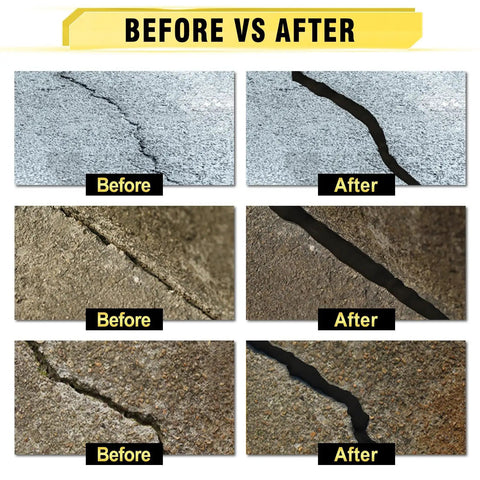 Before and after images show asphalt cracks repaired with Self Leveling Asphalt Crack Filler For Driveways And Roads 17.6 Fl Oz High Elasticity Blacktop Sealant That Fills Cracks With Flex And Lasts Through Ground Movement Easy Smoothing And Long Lasting Road Repair.