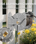 Heavy Duty Stainless Steel Garden Hose Reel With Crank Wall Mount in garden showing aluminum connector
