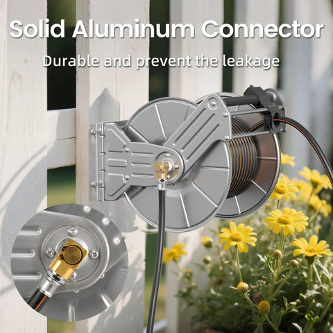 Heavy Duty Stainless Steel Garden Hose Reel With Crank Wall Mount in garden showing aluminum connector