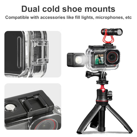 Essential Underwater Diving Kit For DJI Osmo Action 5 Pro 4 3 Waterproof Housing with dual cold shoe mounts on tripod