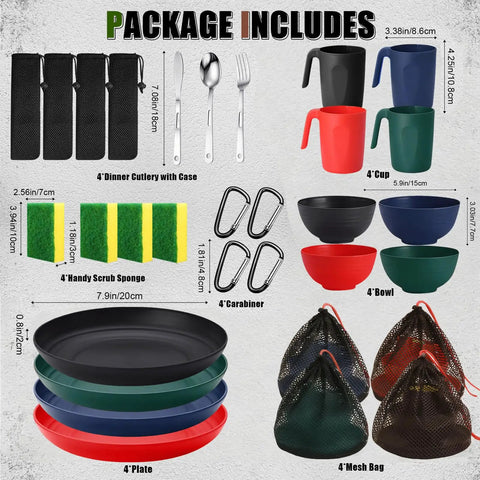 Lightweight Four Person Camping Mess Kit With 22 Oz Cup 7.87 Inch Plate And 5.9 Inch Bowl Mesh Bag Reusable Plastic Utensils