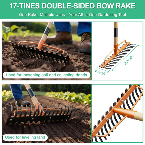 Heavy Duty Bow Rake With 17 Tines And 55 Inch Adjustable Wooden Handle Built To Last For Lawn Care in garden use