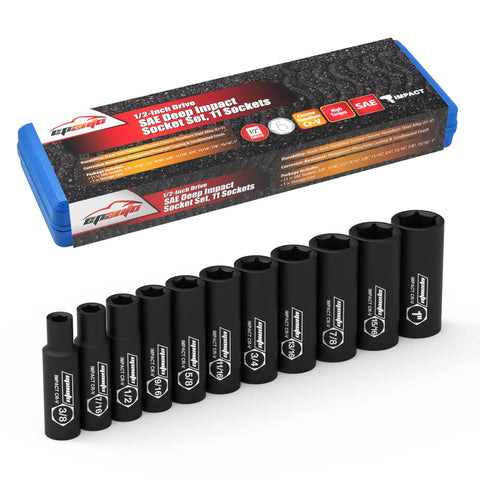 1/2-Inch Drive Deep Impact Socket Set Cr-V 6-Point 11 SAE Sockets With Heavy-Duty Pro-Grade Build And Manganese Phosphate Finish displayed
