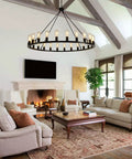 Rustic Wagon Wheel Swing Arm Chandelier 40 Inch 20 Light Farmhouse Ceiling Fixture with Barn Style Charm in living room