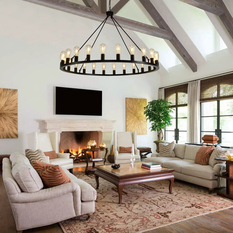 Rustic Wagon Wheel Swing Arm Chandelier 40 Inch 20 Light Farmhouse Ceiling Fixture with Barn Style Charm in living room