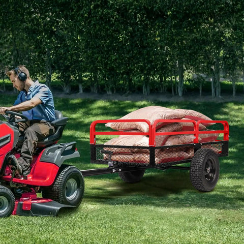 Heavy Duty 1600 Lb Steel Dump Cart And Utility Trailer With 15 Cu Ft Steel Cargo Box Removable Sides ATV Hauler in use on lawn