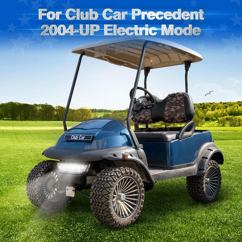 Led Headlights With Heavy Duty Bumper Kit For Club Car Precedent 2004 Up Golf Cart on grassy field, showing electric model features.