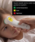 Forehead Digital Thermometer For All Ages Fast Read In Seconds Celsius And Fahrenheit Ergonomic Design Color Coded Temperature Guide Easy To Use For Babies, Kids And Adults. child using forehead thermometer with color-coded fever guide