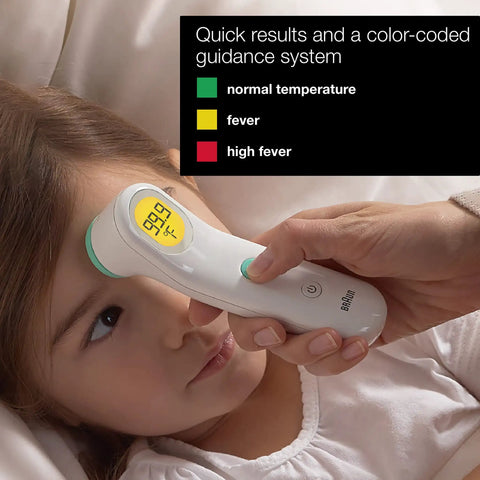 Forehead Digital Thermometer For All Ages Fast Read In Seconds Celsius And Fahrenheit Ergonomic Design Color Coded Temperature Guide Easy To Use For Babies, Kids And Adults. child using forehead thermometer with color-coded fever guide