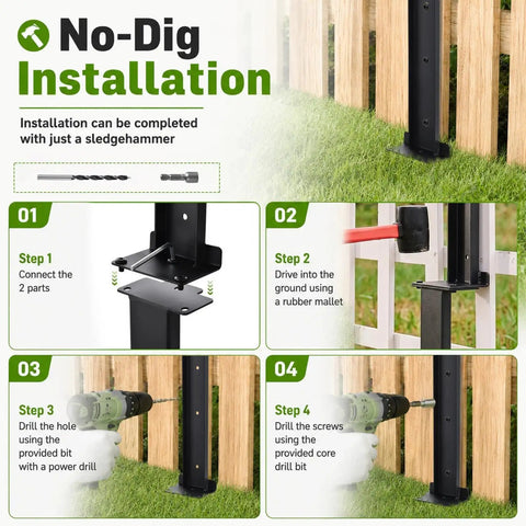No-Dig installation steps for Heavy Duty Fence Post Repair Kit And Quick Fix Stabilizer Bracket with detailed visuals.