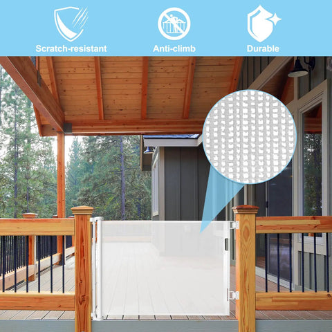 Outdoor view of 33 Inch Tall Baby Gate For Doorways Retractable Mesh Gate For Kids And Pets Anti Climb Design For Wide Openings Up To 100 Inches