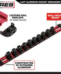 3/8-Inch Drive Aluminum Socket Rail Set With Locking End Caps Holds 10 Sockets Per Rail Includes Red Blue And Black Rails