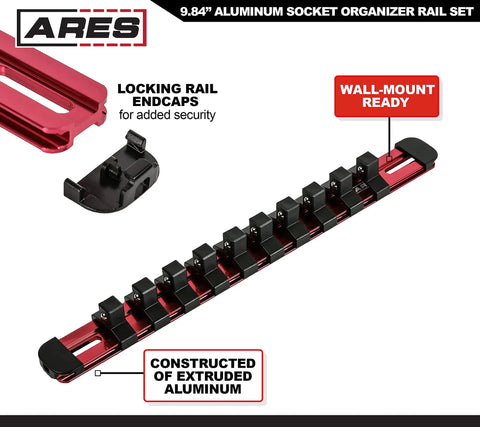 3/8-Inch Drive Aluminum Socket Rail Set With Locking End Caps Holds 10 Sockets Per Rail Includes Red Blue And Black Rails