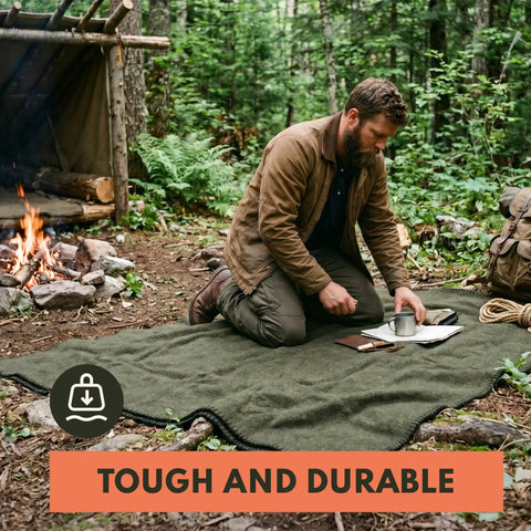 Man using Extra Large Merino Wool Camp Blanket for Outdoorsy Trips, Breathable and Temperature Regulating, Gray 66 by 90