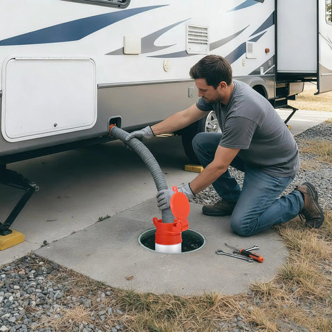 Person using Foot Pedal RV Sewer Cap 4 Inch Odorless Easy Thread Into Standard PVC Collar Female Sewer Cap For Trailers