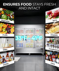 Heavy Duty Three Door Commercial Refrigerator Seventy Two Cubic Feet Stainless Steel Reach In Upright Fridge with visible food items for fresh storage.