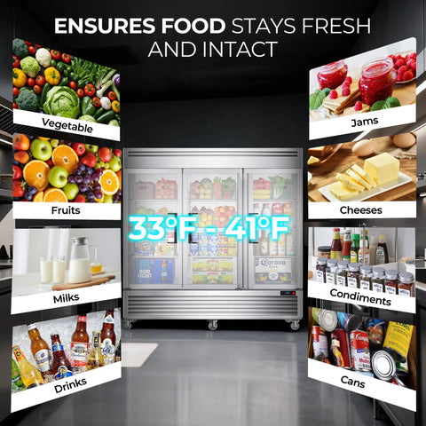 Heavy Duty Three Door Commercial Refrigerator Seventy Two Cubic Feet Stainless Steel Reach In Upright Fridge with visible food items for fresh storage.