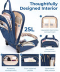 Interior view of 16 inch dark blue underseat carry on luggage with multiple compartments, softside, and smooth wheels.