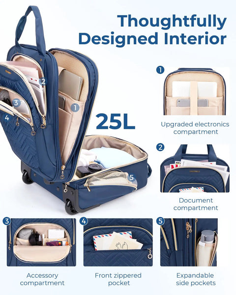 Interior view of 16 inch dark blue underseat carry on luggage with multiple compartments, softside, and smooth wheels.