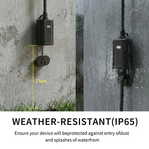 Outdoor Matter Smart Plug 2 Pack IP65 Waterproof No Hub Needed Works With Alexa Google Home Apple Home SmartThings Smart Life 2.4GHz WiFi Outdoor Outlet mounted on wall, wet conditions illustration