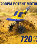 Cordless Garden Tiller Cultivator With 720 RPM Power in use, tilling soil, yellow body, industrial-grade tool for lawns and gardens.