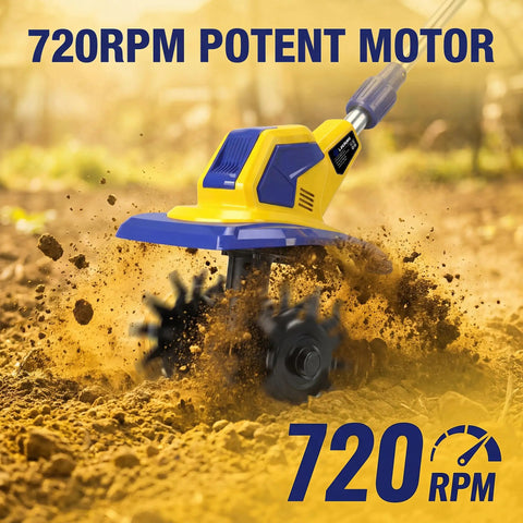 Cordless Garden Tiller Cultivator With 720 RPM Power in use, tilling soil, yellow body, industrial-grade tool for lawns and gardens.