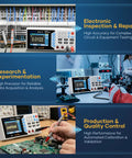 Display of 30,000 Counts True RMS Digital Multimeter for lab and industrial use with technicians testing in various environments.