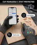 Person wearing Cut Resistant Work Gloves A4 For Men And Women 3 Pairs Pack Ideal For Warehouse Tasks And Metal Or Glass Handling PU Coated Palms For Superior Grip Comfortable Gray Large Size using smartphone and knife on wood surface.