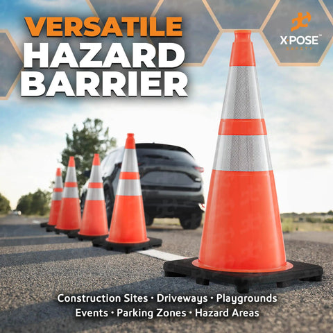Orange 28 Inch Traffic Cones With 6 Inch And 4 Inch Collars Four Pack Heavy Duty Rugged PVC Safety Cones in use on road