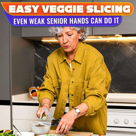 Senior using 2 In 1 Kitchen Scissors For Food With Stainless Steel Blade And Plastic Cutting Board Safety Lock 9.5 Inch Tomato Knife