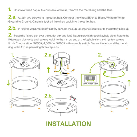Installation diagram for Lit 14 Inch Round Flush Mount Ceiling Light Fixture With 3CCT Dimmable LEDs